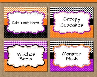 EDITABLE Halloween Chevron Food Labels, Printable Buffet Cards, Halloween Tent cards, DIY Candy Buffet Labels - Halloween Labels - INSTANT