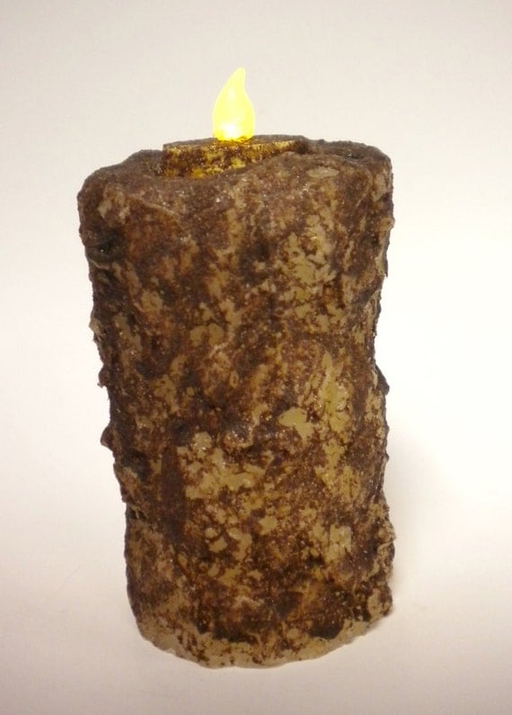 Primitive Grubby Flameless Pillar Candle Tan Grungy Battery