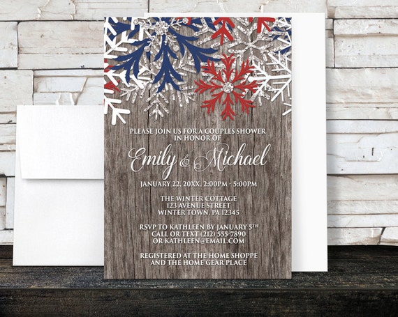 Winter Couples Shower Invitations Rustic - Country Wood Navy Blue and Maroon Red Snowflake design - Printed Invitations Il_570xn