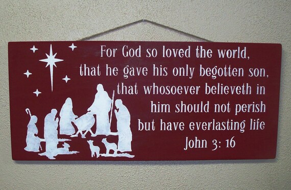 Wooden Christmas Sign -Large - 12 x 24 - Nativity - JOHN 3 16 - Reason for the Season - Creche - Red - Christian - Hand painted on wood