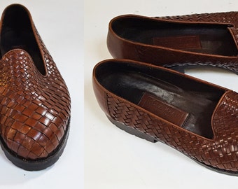 1990s Brown Woven Leather Slip On Flats / Womens Size 8.5