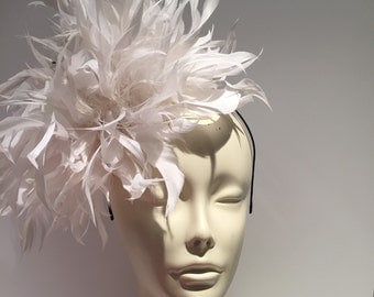 White Fascinator- White Derby Hat- Polo Fascinator- Wedding- White Feather Fascinator- Big Hat Brunch
