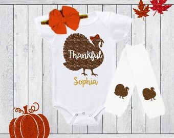 Personalized Thanksgiving Baby Girl Outfit Baby Girl Clothing Gown or Bodysuit Headband Option Baby Thanksgiving Gift First Thanksgiving Set