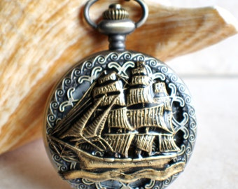 Nautical pocket watch, men's mechanical pocket watch, nautical theme, front case is mounted with sailing ship