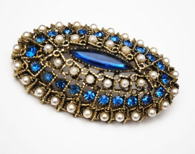 Oval Dome Bar Brooch - Blue rhinestone - white pearls and gold tone - Victorian Revival pin