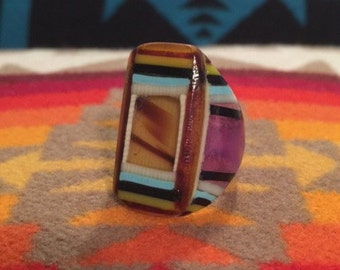 Vintage Celluloid Bakelite Folk Art Prison Ring by Bob Dodd (Size 7-1/2)