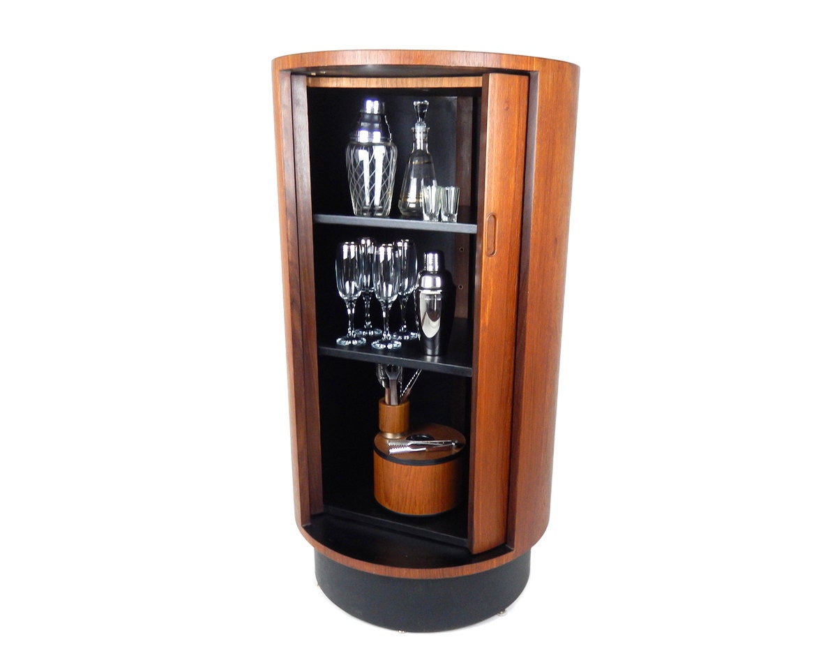 Mid Century Modern Revolving Teak Bar Rotating Spinning Bar