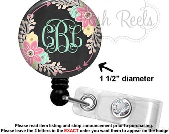 Monogram Badge Reel Holder - Chalkboard Floral Tribal Arrows Badge Reel - RN Nurse Badge Reel, Stethoscope ID Tag, Carabiner, Lanyard - 1485