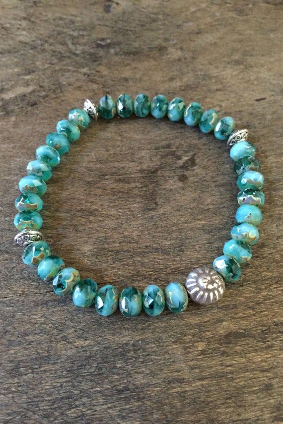 Seashell Turquoise Stretch Bracelet Rustic Silver Beaded