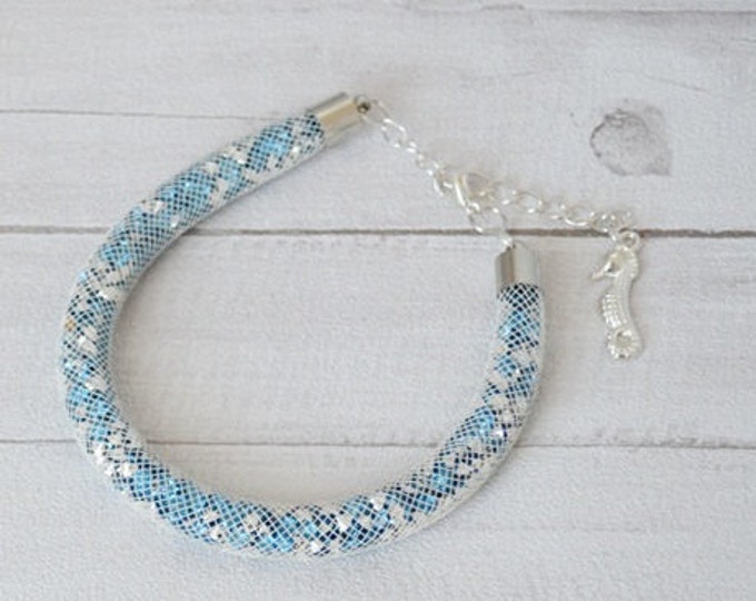 Sky Blue mesh bracelet nylon Glowing crystals mesh shiny bracelet net bracelet modern bracelet mesh bracelet crystal bracelet gift idea