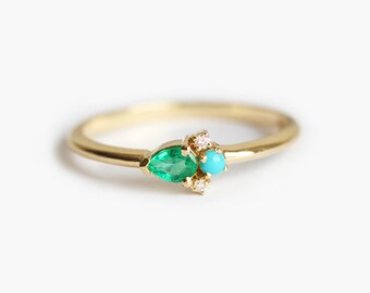 Emerald Ring, Emerald Pear Ring, Emerald And Turquoise Cluster Ring, Small Cluster ring, Diamond and Emerald Ring, Gold Cluster Ring