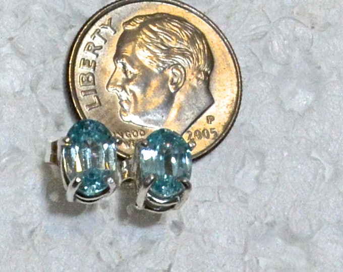 Blue Zircon Studs,7x5mm Oval, Natural, Set in Sterling Silver E946