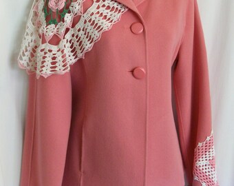 SALE Women's jacket, coat, embellished jacket, fall jacket,wool coat women, lace jacket, pink, romantic boho, romantic clothing, wool jacket