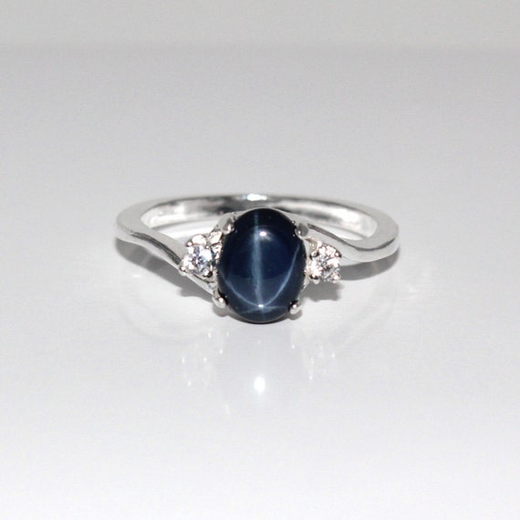 14K White Gold Blue Star Sapphire Ring / Genuine Blue Star