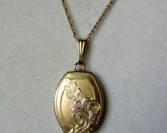 Vintage Gold Filled Locket, Art Deco Locket, Etched Gold Locket