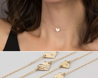 Dainty Choker Heart Necklace, Personalized Necklace (or blank) / 14k Gold Fill, Sterling Silver or Rose Gold Filled LN124_aj, LN117_10_aj