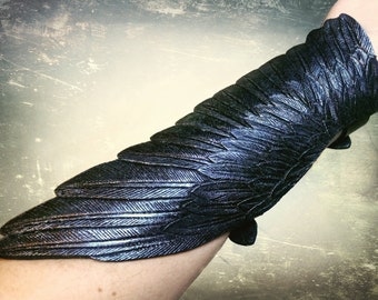 Crow wing - Hand tooled leather raven wing cuff bracelet / bracer - Black leather wing with silver shading - Exclusive jewerly for cosplay