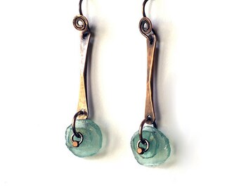 Ancient roman glass and hammered copper wire dangle earrings