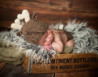Crochet DEER Antler Hat, baby boy, baby girl hat, Diaper cover set, Photo Props, Baby Shower Gift, Preemie, Newborn to 6 months