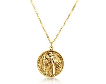 St. Christopher Protector of Travelers Medallion Pendant Necklace #14K Gold Plated over 925 Sterling Silver #Azaggi N0630G
