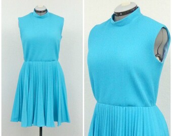 Vintage 60s Aqua Blue Mod Dress, Pleated Dress, Full Circle Dress, High Collar Dress, Knee Length Dress, Sleeveless Summer Dress