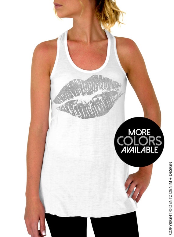 Lips Kiss White Flowy Tank Top Lipstick Racerback Tank