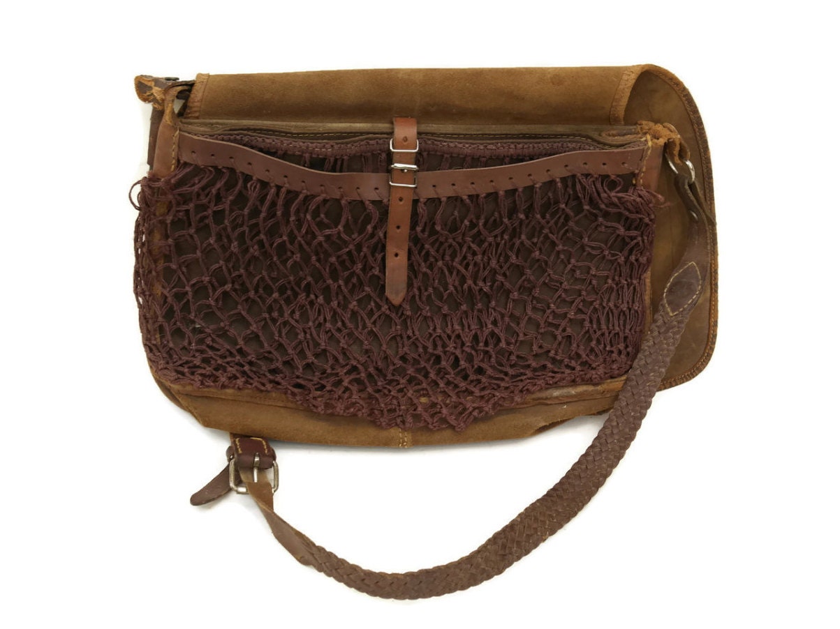 Antique Leather Hunting Bag. Brown Leather Shoulder Bag.