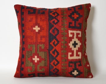 Red Kilim Pillow Cover - Antique Turkish Pillows Kilim Bohemian Pillow Case Red White Kilim Pillow Tribal Pillow Couch Throw Pillows