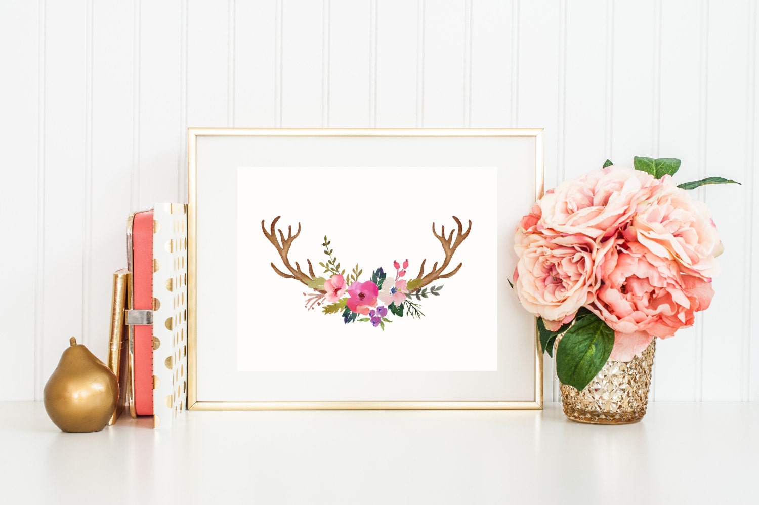 Antlers with Flowers Antler Art Print Rustic Home Decor