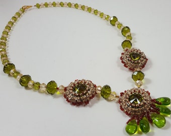 Beadwork Necklace - Rivoli Necklace - Embroidered Pendant - Bead embroidery necklace - Beadwoven necklace - Green crystal Necklace