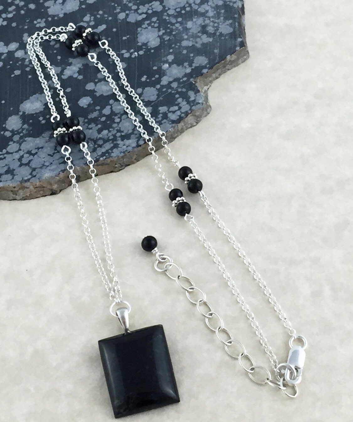 Black Jade Pendant Necklace on Strand of Fine Silver Rolo