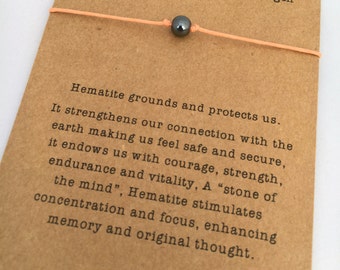 Hematite Cord Bracelet ~ A stone of the mind ~ Waxed Cotton Cord ~ 6mm Hematite Gemstone bead ~ Base Chakra, Courage, Strength - adjustable