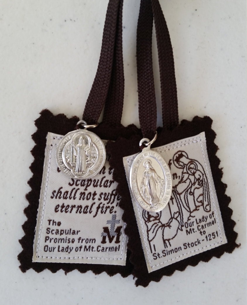 100% Brown Wool Scapular of Our Lady of Mount Carmel with St.