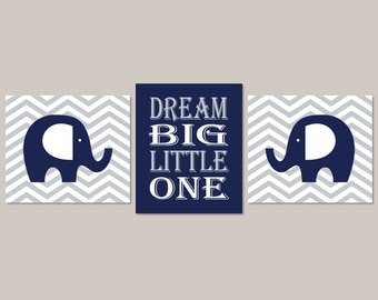 Baby Boy Nursery Decor ELEPHANT WALL ART Dream Big Boy Wall Art Set of 3 Prints Or Canvas Navy Gray Grey Nursery Art Chevron Nursery Decor