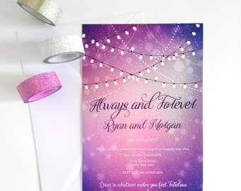 Engagement Invitation Card. Fairy Lights. Purple Invitation. Twinkle Lights. Outdoor Party.