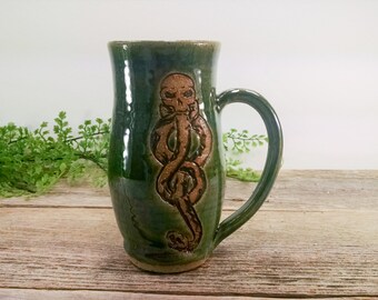 Dark Mark Mug - 15 oz Dark Green Wheel Thrown Hand Carved Coffee Cup