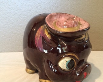 Vintage Collectible Drip Glazed Pottery Pig Round Piggy Bank -Excellent Condition