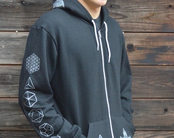 Sacred Geometry Crystal Hoodie - Sweatshirt - Flower of Life Zip Up Hoodie - Sacred Geometry Hoodie - Festival Hoodie - Mens Hoodie