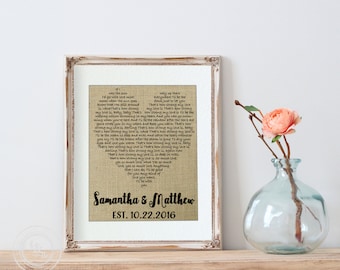 Wedding Gift Song Lyrics Art, Wedding Anniversary Gifts, Unique Wedding Vows Art, First Dance Song Lyrics Print, Custom Heart, Gift for Her