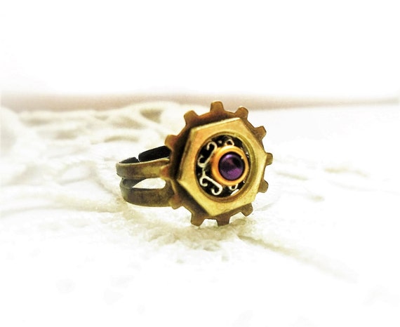 Steampunk Ring Steam punk Ring Gear Ring Steampunk Jewelry Purple and Gold Brass Ring Cosplay Futuristic Ring Adjustable Ring, Sci-fi Ring by OneStopSteamShoppe steampunk buy now online