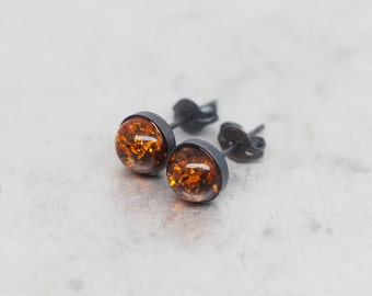 Golden Amber Black Oxidized Ear Stud Earrings - 925 Sterling Silver - 6mm round | Mens Womens Unisex | Single/Pair | Gemstone Jewelry