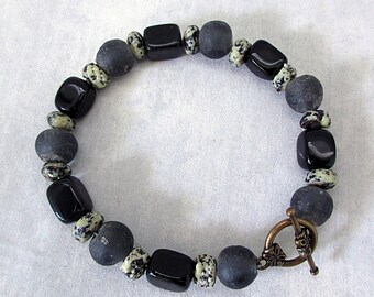 Gift for Him, Black Bracelet, Handmade Bracelet, African Recycled Glass, Black Jasper, Boyfriend Gift, 22cm (8.66 Inches)