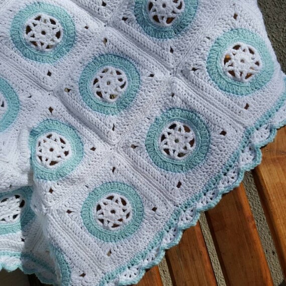 White and aqua crocheted baby blanket Magen David pattern
