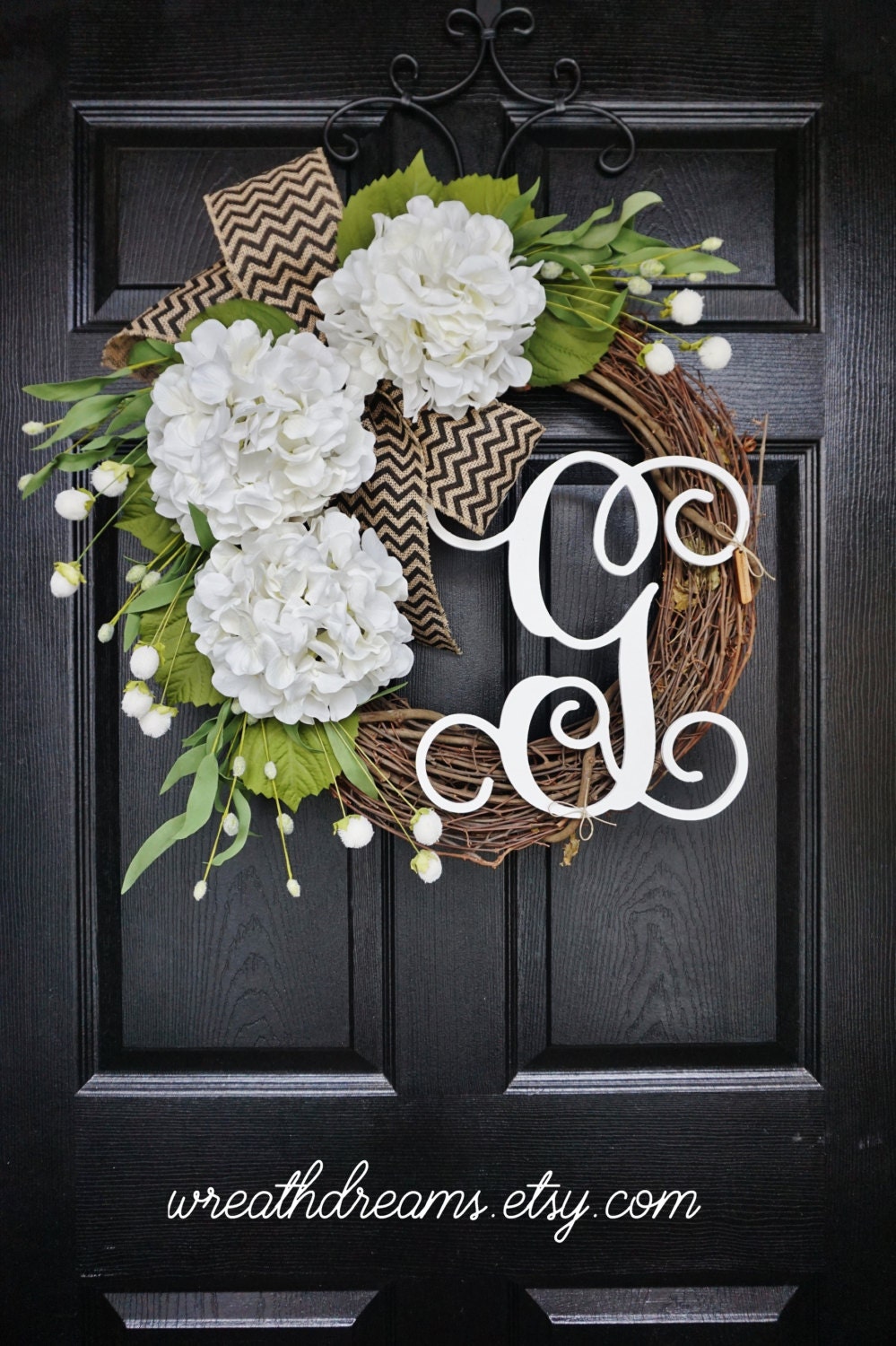 White Hydrangea Wreath. Burlap Wreath. Year Round Wreath. Spring Wreath. Summer Wreath. Monogram Wreath. Door Wreath