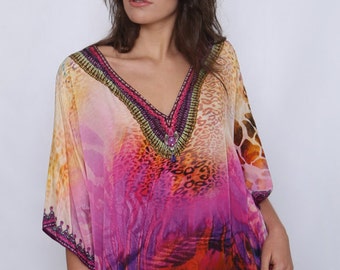 Loose Kaftan Top, Beach Kaftan Shirt for Her, V Neck Kaftan Cover Up, Designer Kaftan Shirt for Beach or Pool, Loose Kaftan Shirt w/ Crystal