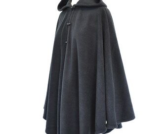 Womens' Black Handmade Hooded Cape, Black Hooded Cloak, Plus Size Cape Coat, Hooded Poncho, Black Medieval Cloak