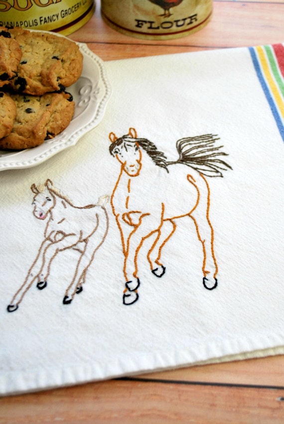 Horses Hand Embroidered Tea Towel Country by GoldenArrowLane