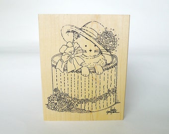 Cat Stamp, Cat in the Hat, Fashionable Kitten, Fashionable Cat, Hat Box, Rubber Stamp, Free Shipping, Large Stamp, Animal, Free Shipping