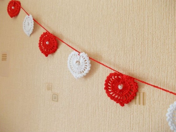 valentine bags gift crochet heart, Crochet Bunting, Wall Garland, Hanging beaded crochet Crochet