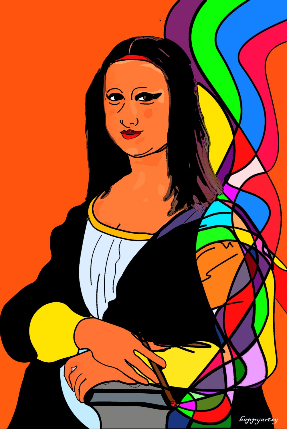 Happy Mona Lisa on orange background by happyartsy on Etsy